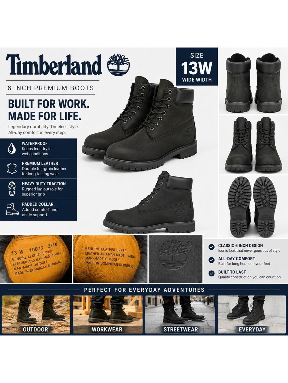 Timberland Mens 13W Black 6 Inch Premium Boots Waterproof Outdoor Workwear